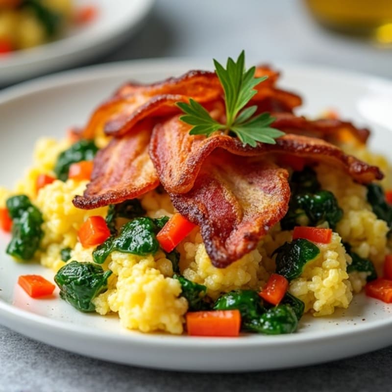 Crispy Bacon and Egg Scramble with Sautéed Greens