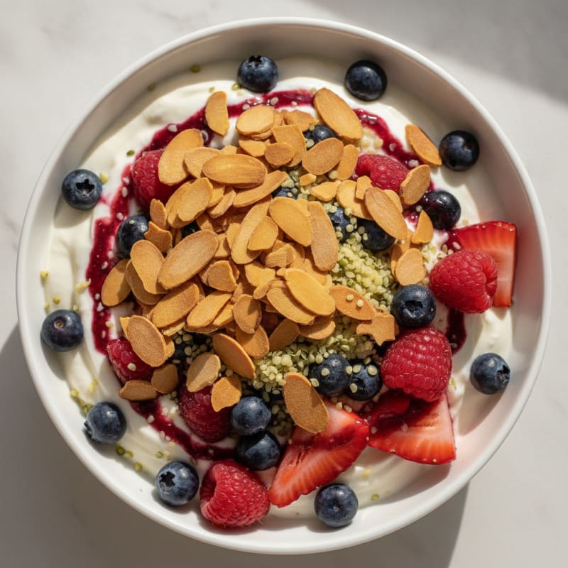 Greek Yogurt Protein Parfait with Mixed Berries and Almonds