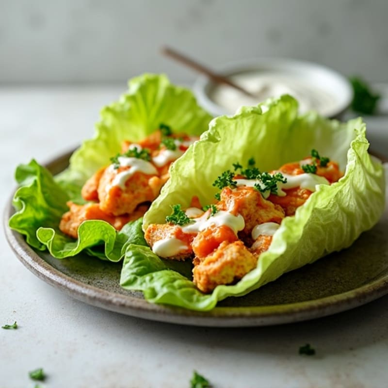 Buffalo Chicken Lettuce Wraps with Crunchy Celery and Creamy Greek Yogurt Ranch