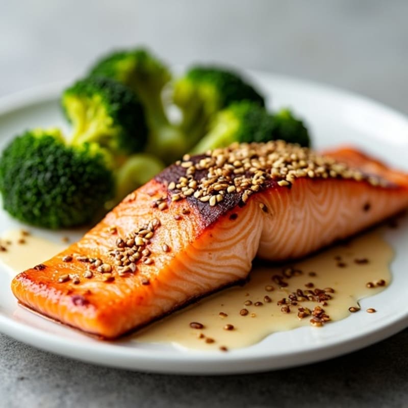 Ginger-Sesame Seared Salmon with Crispy Broccoli