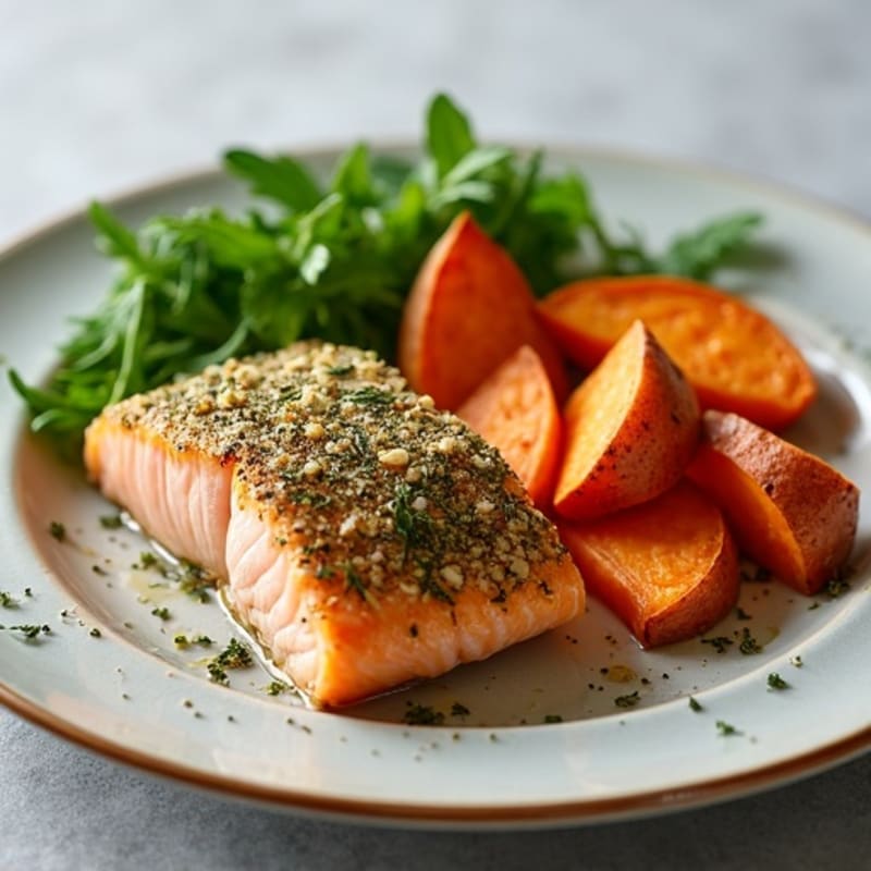 Herb-Crusted Baked Salmon with Roasted Sweet Potato Wedges