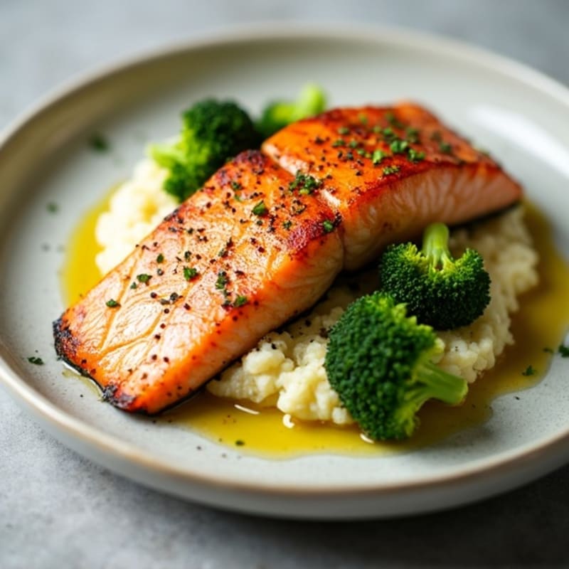 Seared Salmon with Roasted Broccoli and Cauliflower Mash