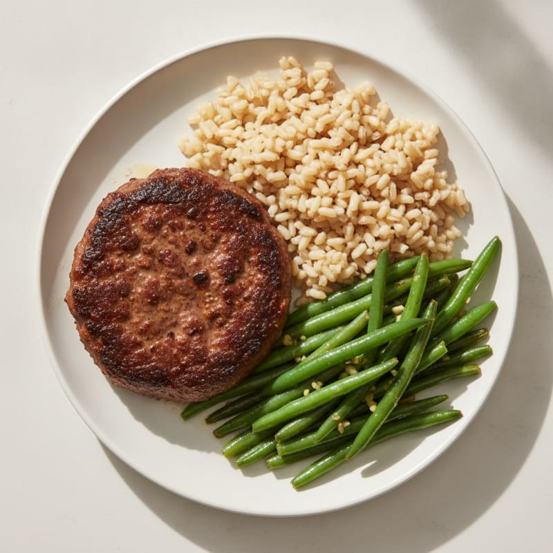 Seared Hamburger Patty with Garlic Green Beans and Brown Rice