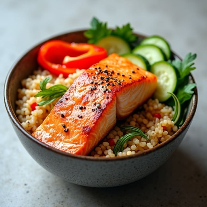 Fresh Seared Salmon and Crunchy Vegetable Rice Bowl