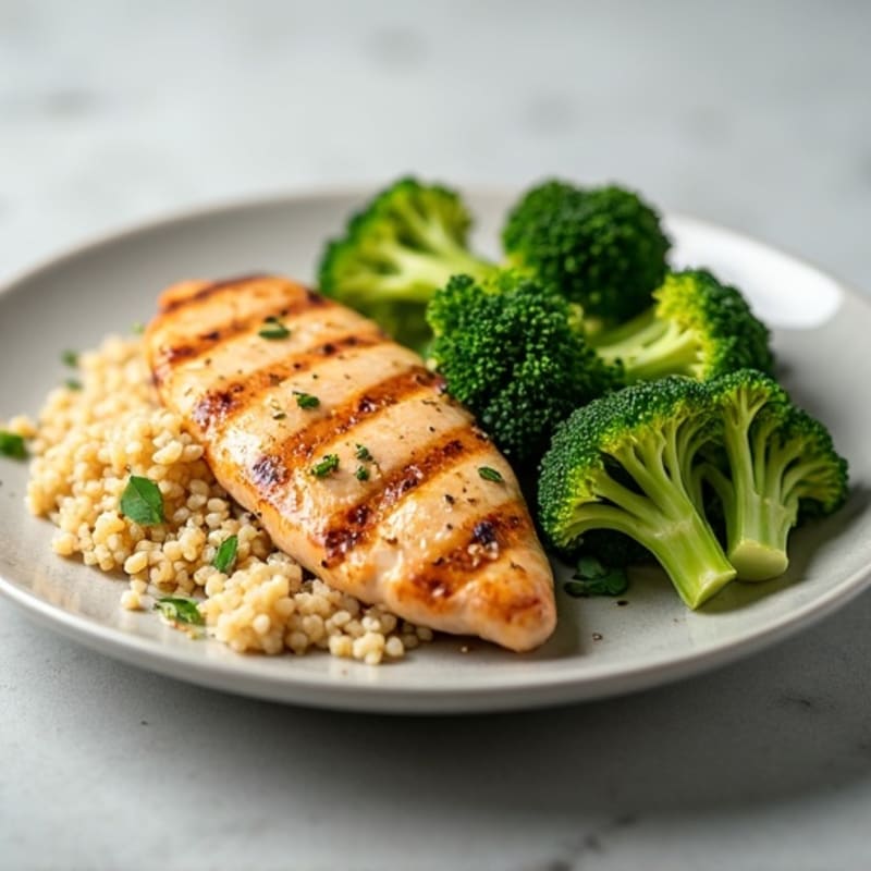 Grilled Chicken Breast with Steamed Broccoli and Quinoa