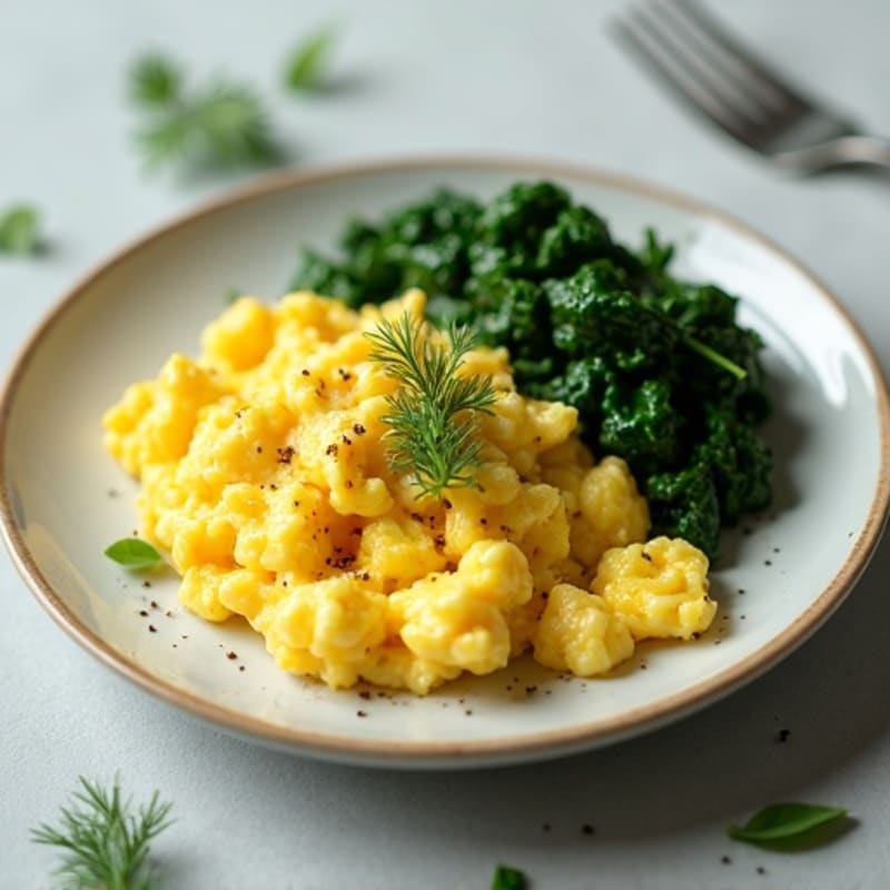 Fluffy Scrambled Eggs with Fresh Herbs and Sautéed Spinach