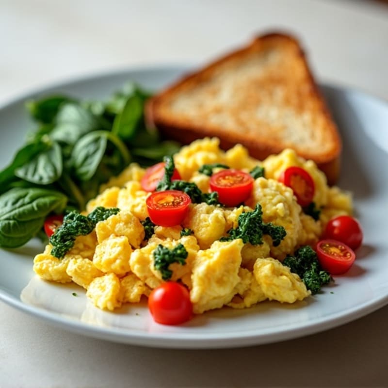 Scrambled Eggs with Sautéed Veggies and Sourdough Toast