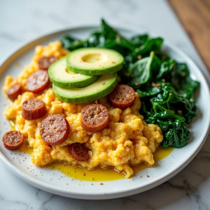 Egg White and Turkey Sausage Scramble with Sautéed Spinach