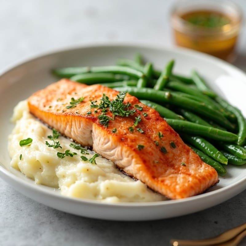 Seared Salmon Fillet with Garlic Green Beans and Creamy Mashed Potatoes