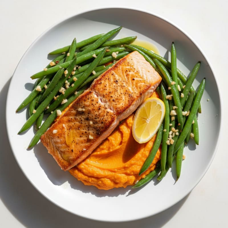 Seared Salmon with Garlic Green Beans and Sweet Potato Mash
