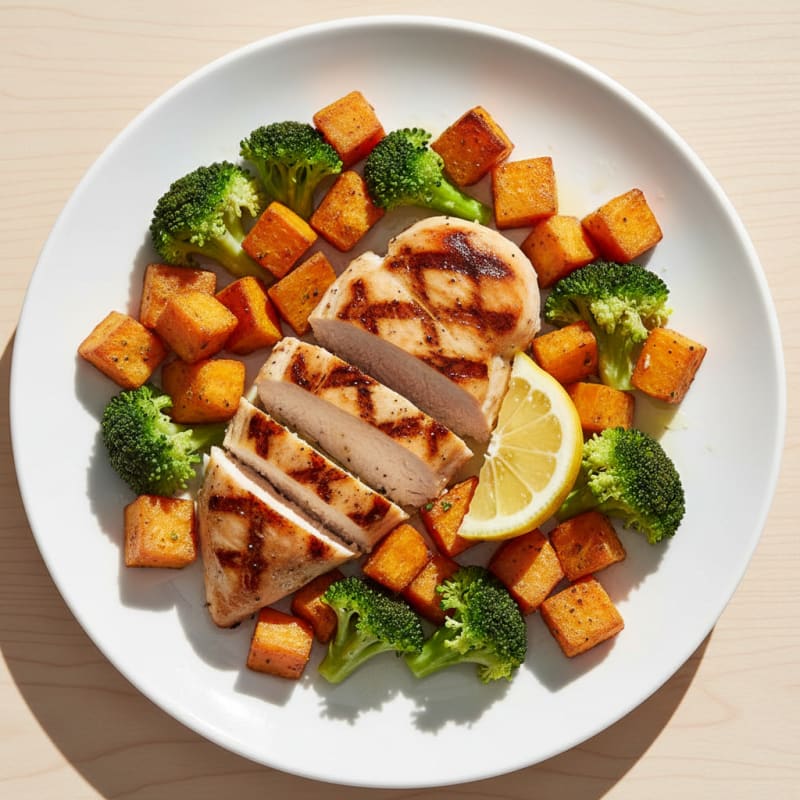 Grilled Chicken Breast with Roasted Sweet Potato and Steamed Broccoli