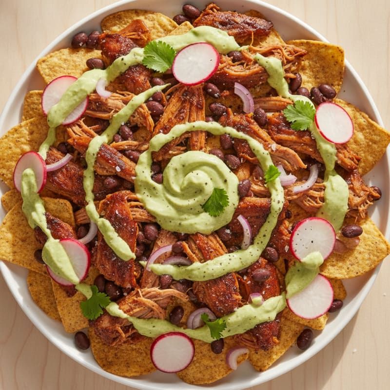 Pulled Pork Nachos with Avocado Crema