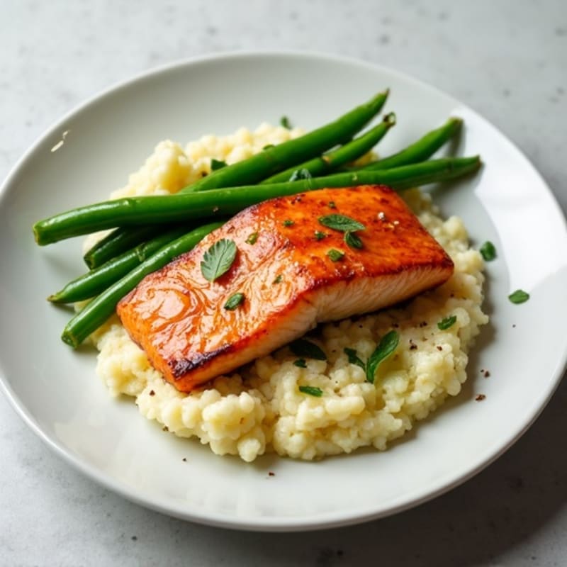 Seared Salmon with Steamed Green Beans and Garlic Cauliflower Mash