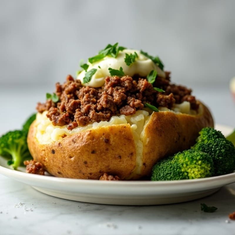 Lean Ground Beef Loaded Baked Potato with Steamed Broccoli
