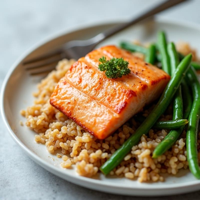 Seared Salmon with Garlic Green Beans and Brown Rice