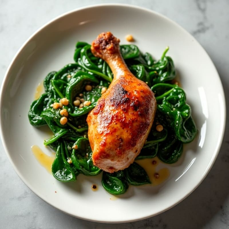 Crispy Roasted Duck Leg with Wilted Spinach and Garlic