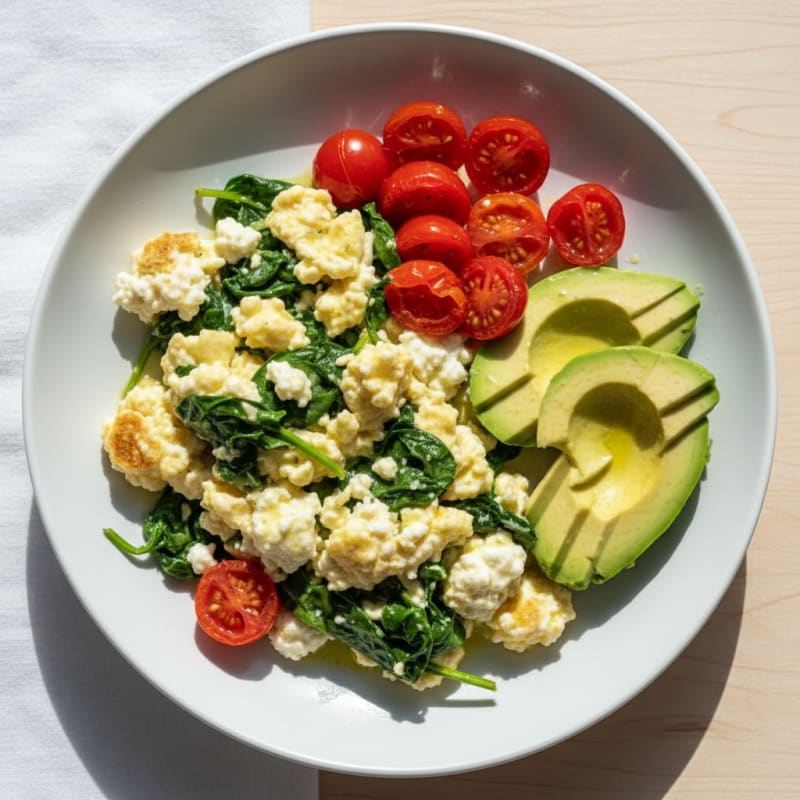 Cottage Cheese Egg Scramble with Spinach and Cherry Tomatoes