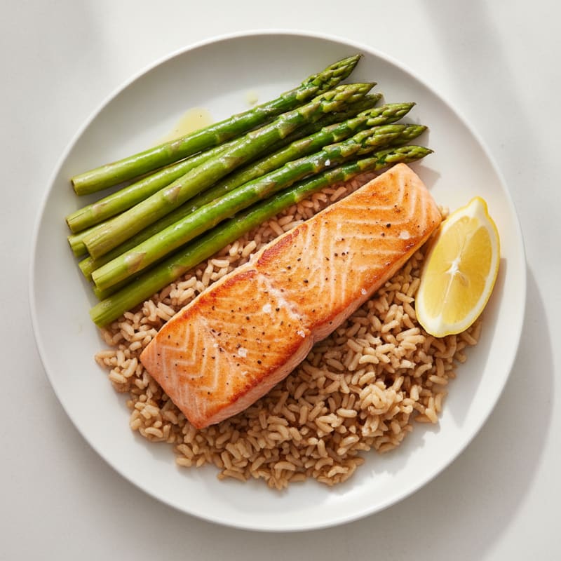 Seared Salmon Fillet with Steamed Asparagus and Brown Rice