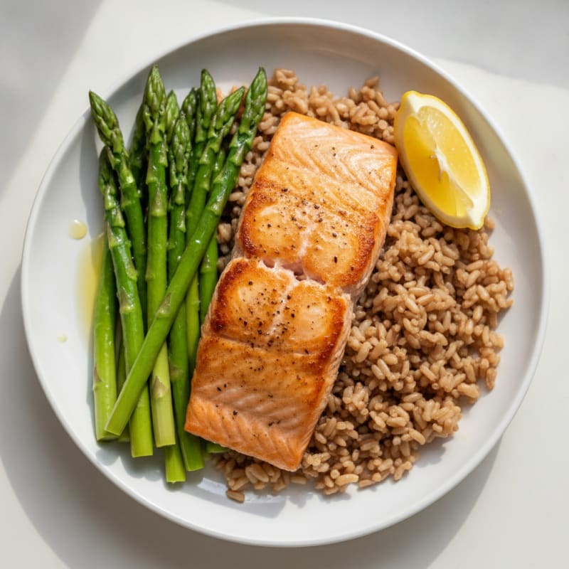 Seared Salmon with Steamed Asparagus and Brown Rice