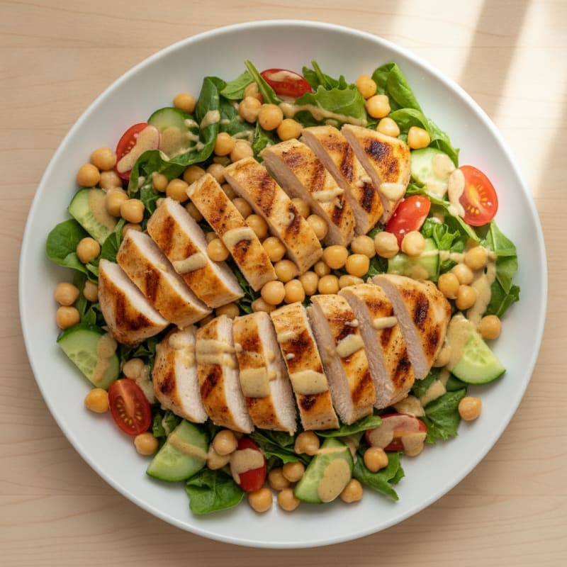 Grilled Chicken Breast Salad with Chickpeas and Lemon Tahini Dressing