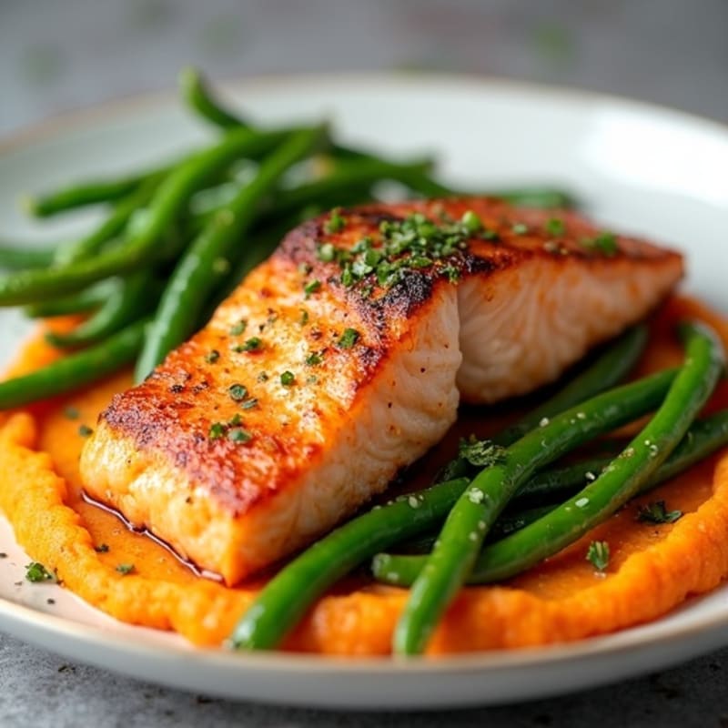Seared Salmon with Garlic Green Beans and Sweet Potato Mash