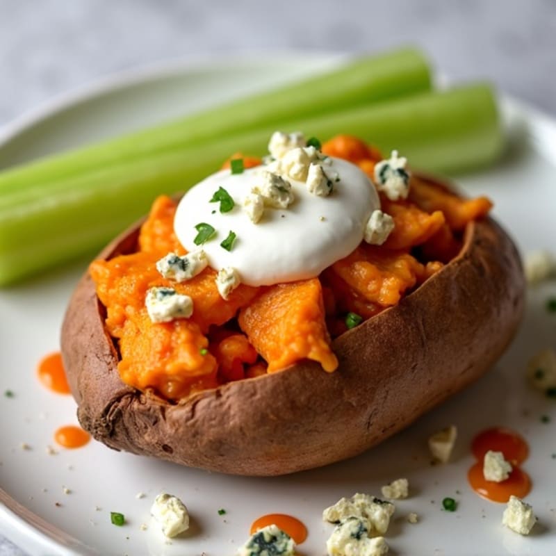 Creamy Buffalo Chicken Stuffed Sweet Potatoes with Fresh Celery