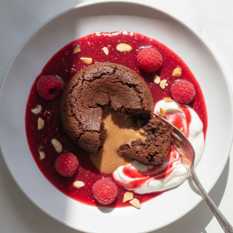 High-Protein Chocolate Lava Cake with Raspberry Coulis
