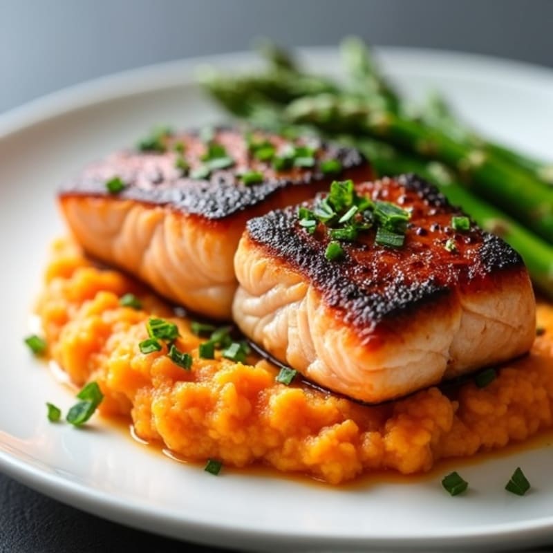 Seared Salmon Filet with Steamed Asparagus and Sweet Potato Mash