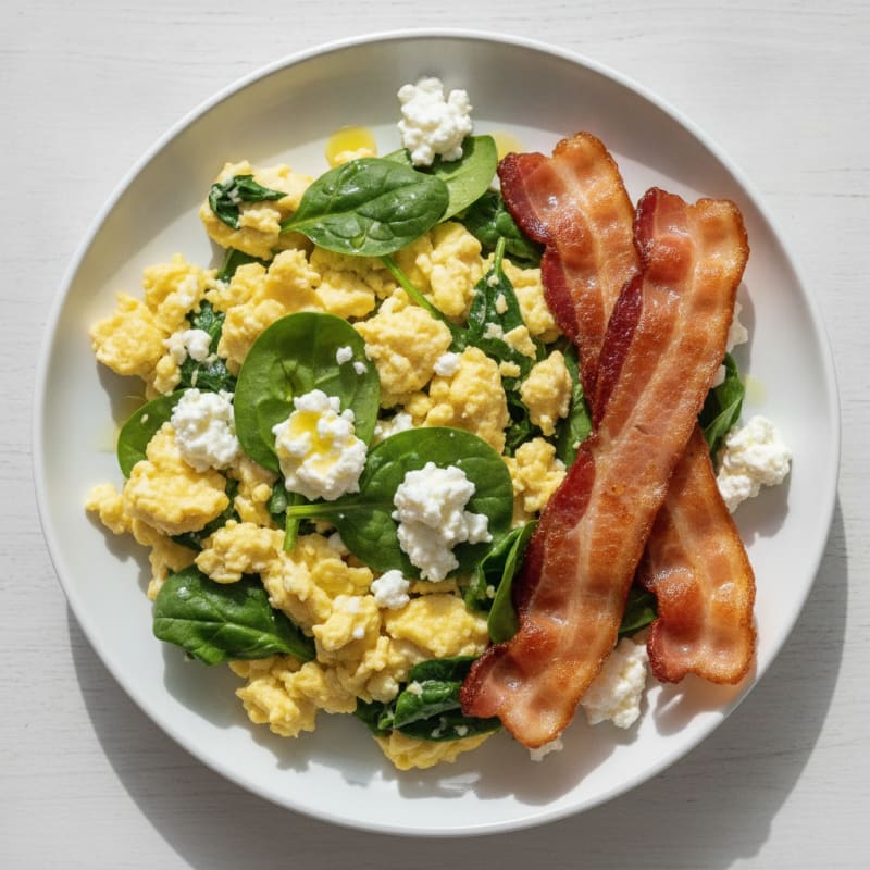 Cottage Cheese Egg Scramble with Spinach and Turkey Bacon