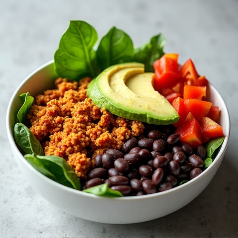 Spicy Ground Chicken and Black Bean Bowl with Fresh Greens and Creamy Avocado