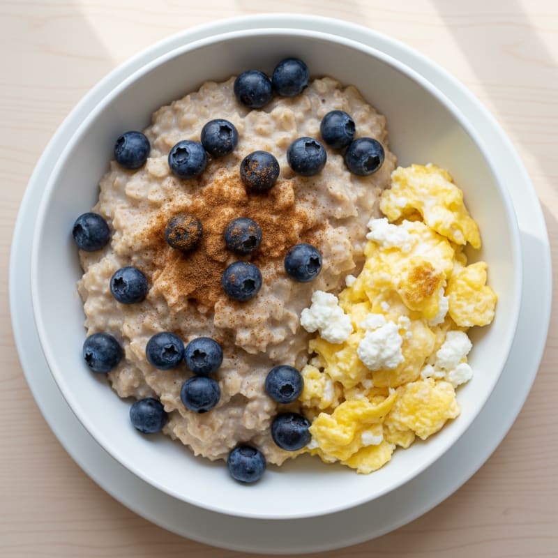 Blueberry Oatmeal with Scrambled Eggs and Cottage Cheese