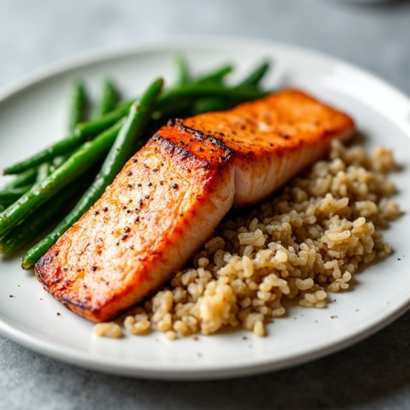 Seared Salmon Fillet with Garlic Green Beans and Brown Rice