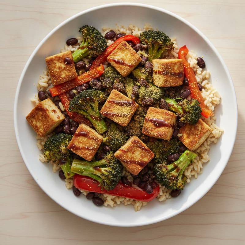 Crispy Tofu and Black Bean Power Bowl with Roasted Vegetables and Brown Rice