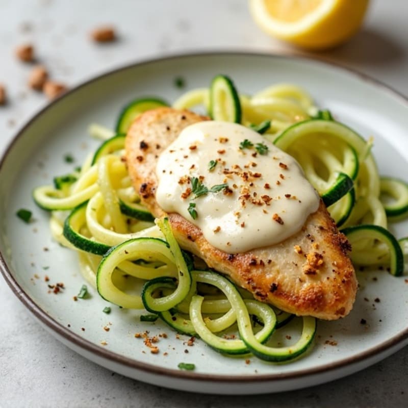 Creamy Cauliflower Alfredo Chicken with Zucchini Noodles