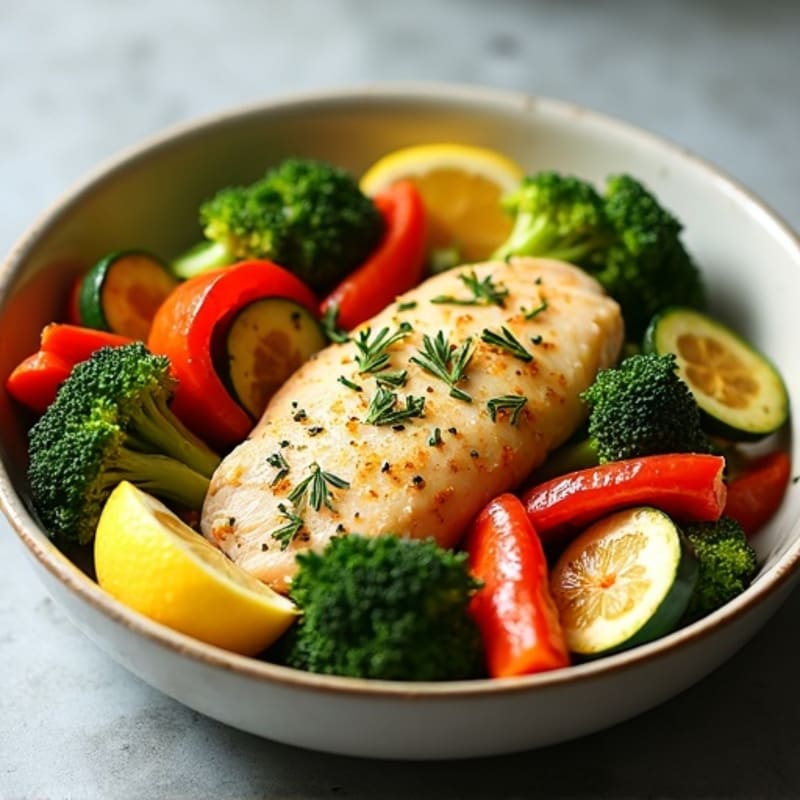 Sheet Pan Lemon Herb Chicken and Roasted Vegetable Bowl