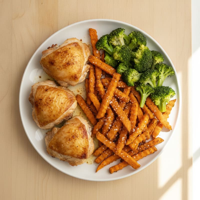 Crispy Baked Chicken Thighs with Garlic Sweet Potato Fries and Broccoli