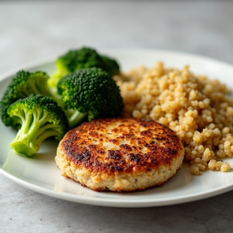 Seared Turkey Patty with Roasted Broccoli and Quinoa
