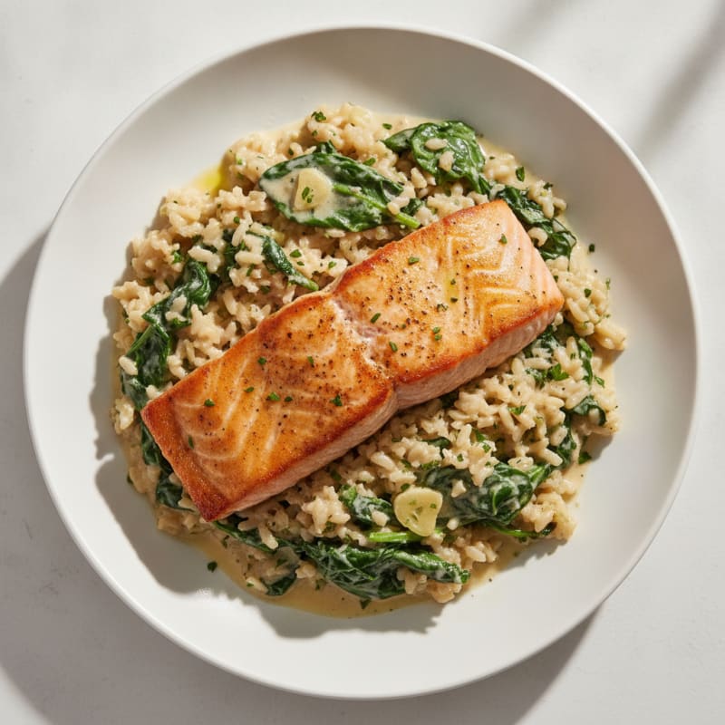 Seared Salmon with Creamy Spinach and Herb Brown Rice
