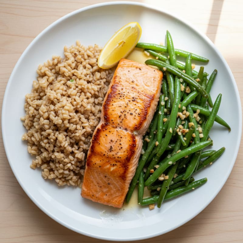 Seared Salmon with Garlic Green Beans and Brown Rice