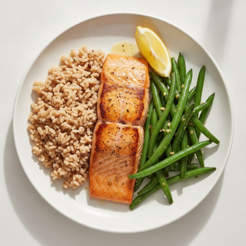Seared Salmon with Garlic Green Beans and Brown Rice