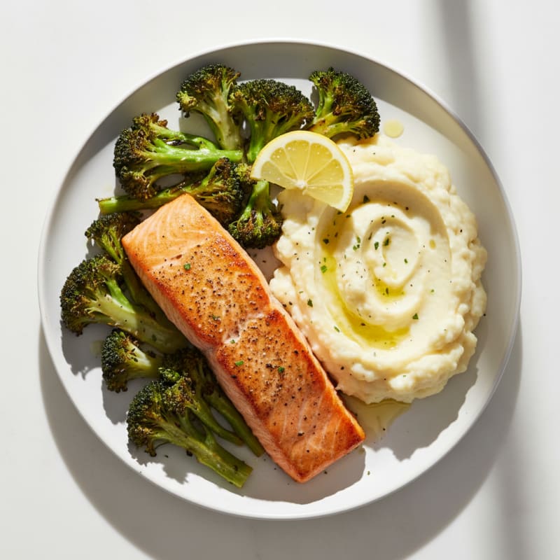 Seared Salmon with Roasted Broccoli and Garlic Mashed Cauliflower
