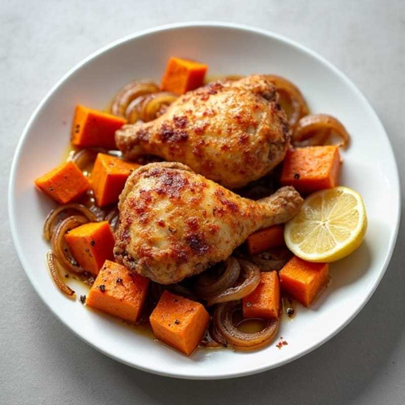 Crispy Baked Chicken Thighs with Roasted Sweet Potatoes and Caramelized Onions