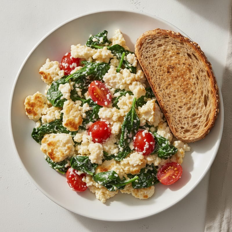 Egg White and Cottage Cheese Scramble with Spinach and Cherry Tomatoes