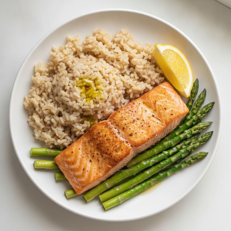 Seared Salmon with Steamed Asparagus and Brown Rice