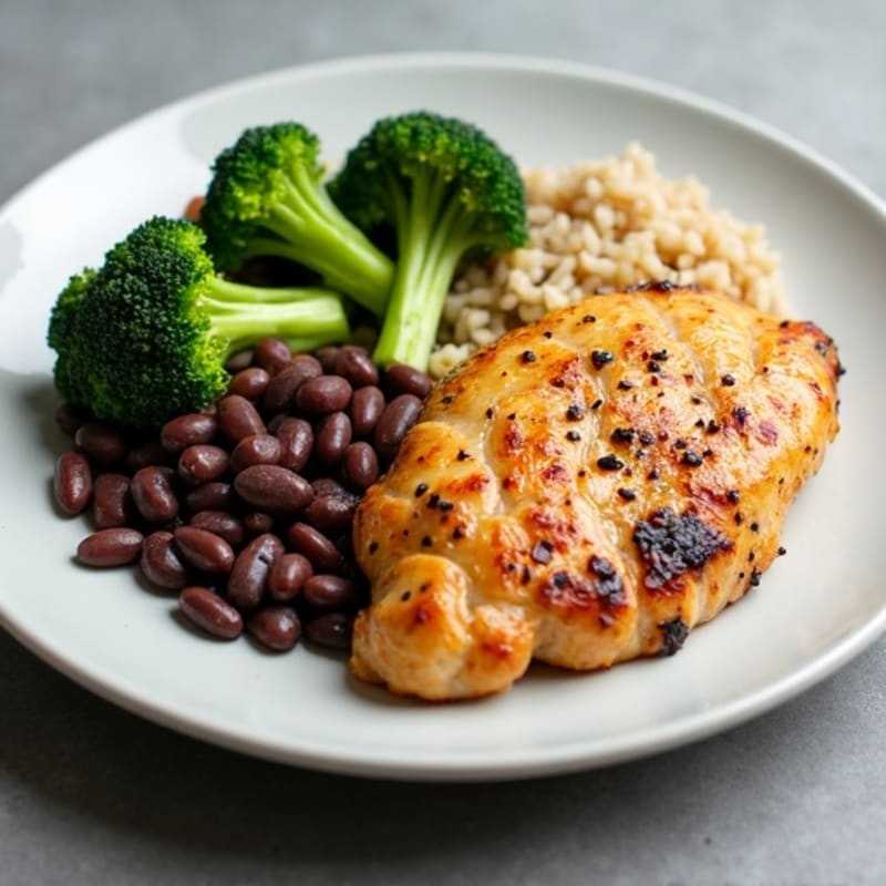 Pan-Seared Chicken with Roasted Broccoli, Fluffy Brown Rice, and Savory Black Beans