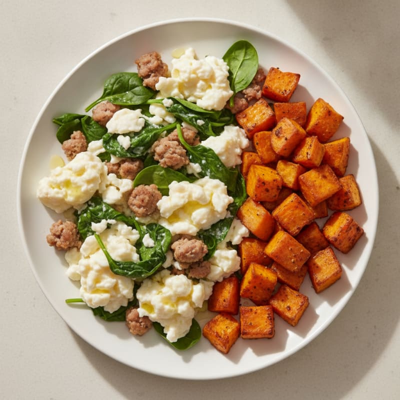 Egg White and Turkey Sausage Scramble with Spinach and Roasted Sweet Potatoes