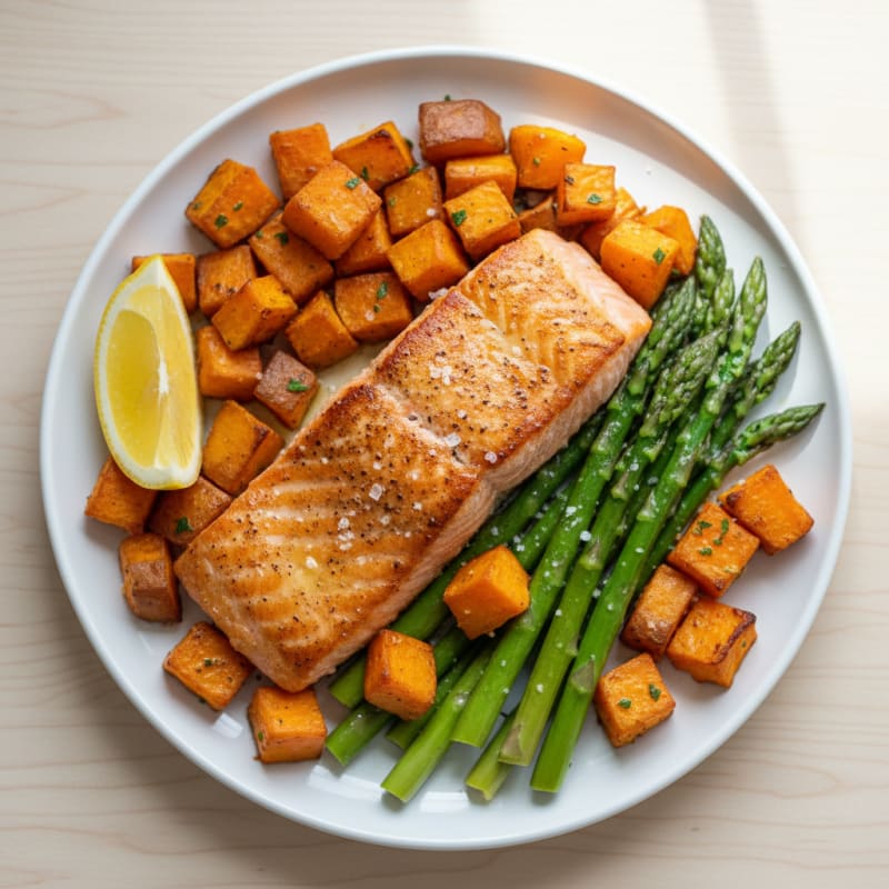 Seared Salmon with Roasted Sweet Potato and Asparagus