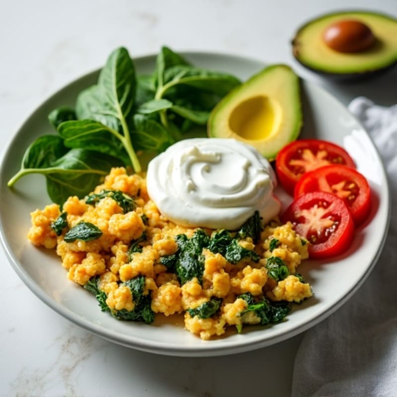 Egg White and Spinach Scramble with Greek Yogurt and Sliced Tomatoes