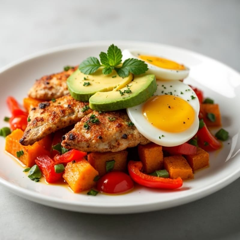 Roasted Chicken and Sweet Potato Hash with Peppers, Eggs, and Creamy Avocado