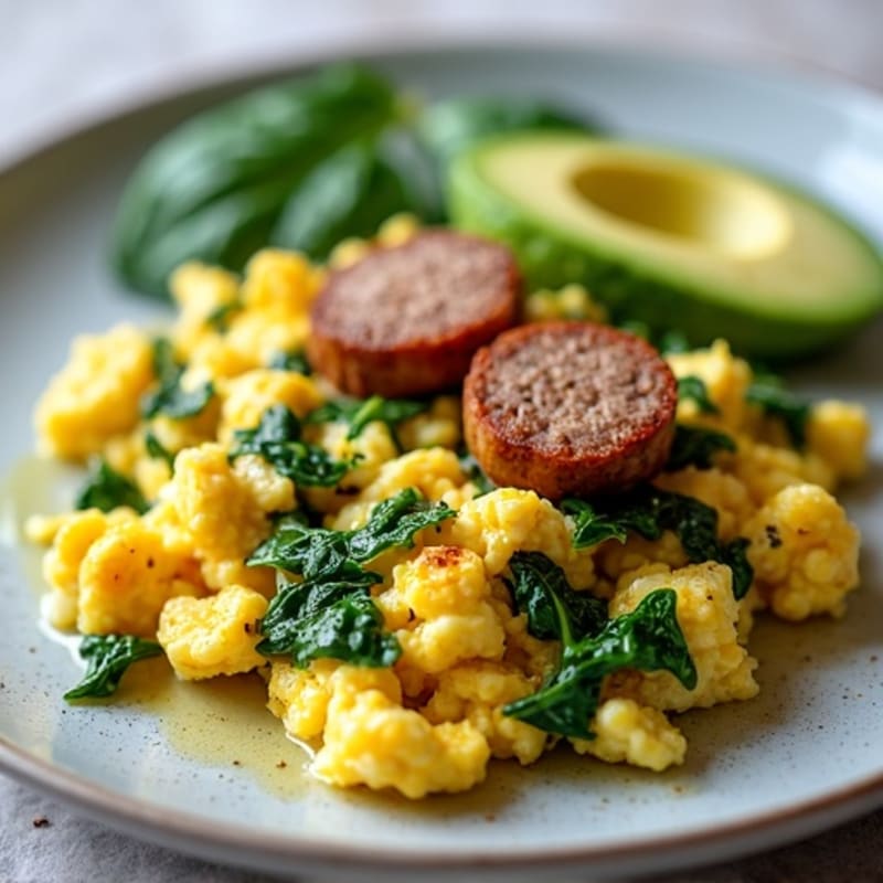 Egg White and Turkey Sausage Scramble with Sautéed Spinach